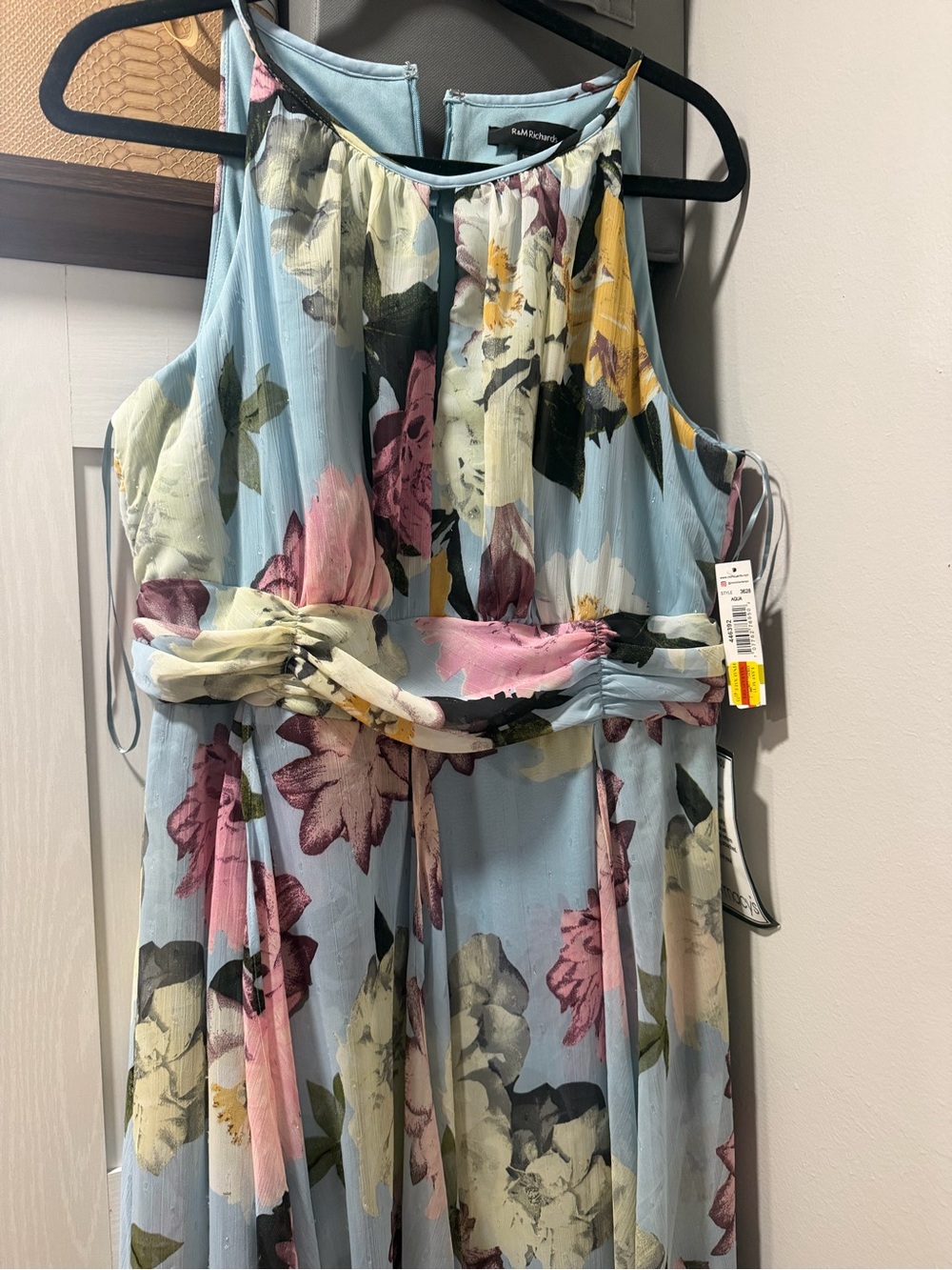 R&M Richards Light Blue Floral Halter Maxi Dress with Pink and Yellow Blooms